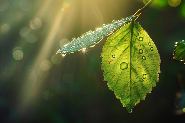 Un gros plan d'une feuille verte avec des gouttelettes d'eau sous la lumière du soleil mettant en évidence les motifs complexes et l'apparence fraîche du feuillage