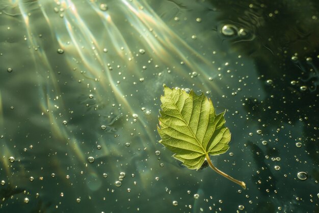 Un gros plan d'une feuille verte avec des gouttelettes d'eau sous la lumière du soleil mettant en évidence les motifs complexes et l'apparence fraîche du feuillage