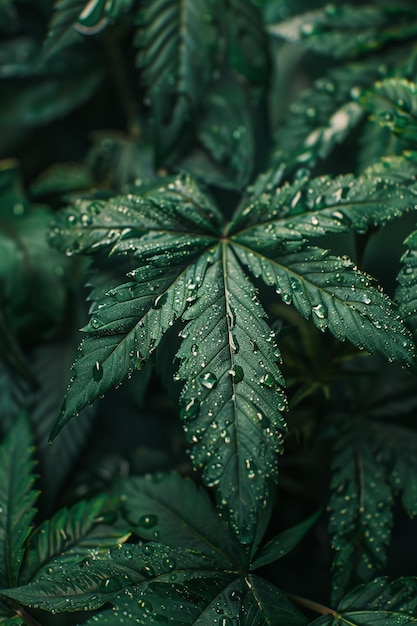 un gros plan d'une feuille verte avec des gouttes d'eau dessus