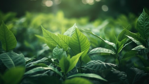 Un gros plan d'une feuille verte avec le soleil qui brille dessus