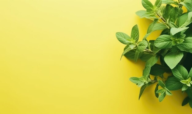 Gros plan de feuilles de menthe fraîche sur fond jaune pastel AI Generative