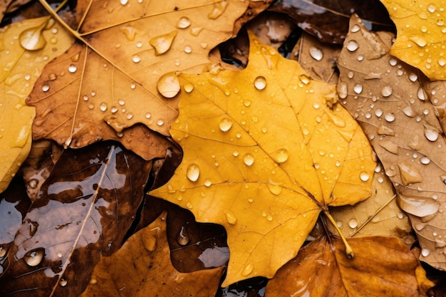 Gros plan des feuilles mortes au sol en automne couvertes de gouttes de pluie