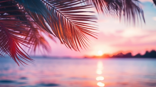 Gros plan de feuilles de palmier avec coucher de soleil sur la mer dans des tons doux fond magnifique nature