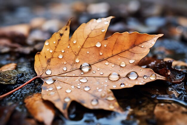 Gros plan des feuilles tombées sur le sol en automne avec des gouttes d'eau