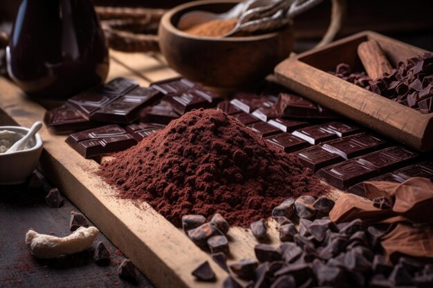 Gros plan de fèves de cacao artisanales et de copeaux de chocolat créés avec une IA générative