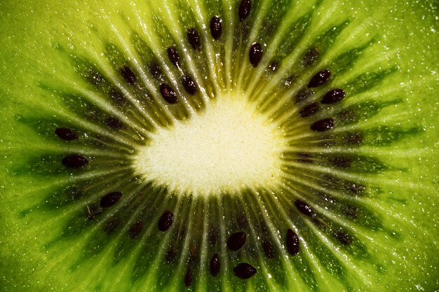 Gros plan de fibres vertes et de grains noirs de kiwi frais