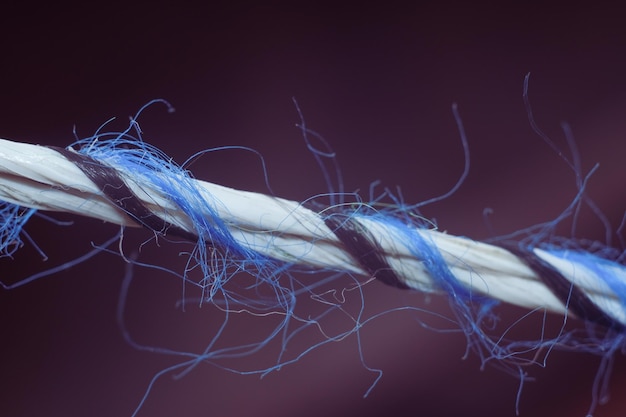 Gros plan de la ficelle de corde avec une corde dispersée de cheveux de trois couleurs