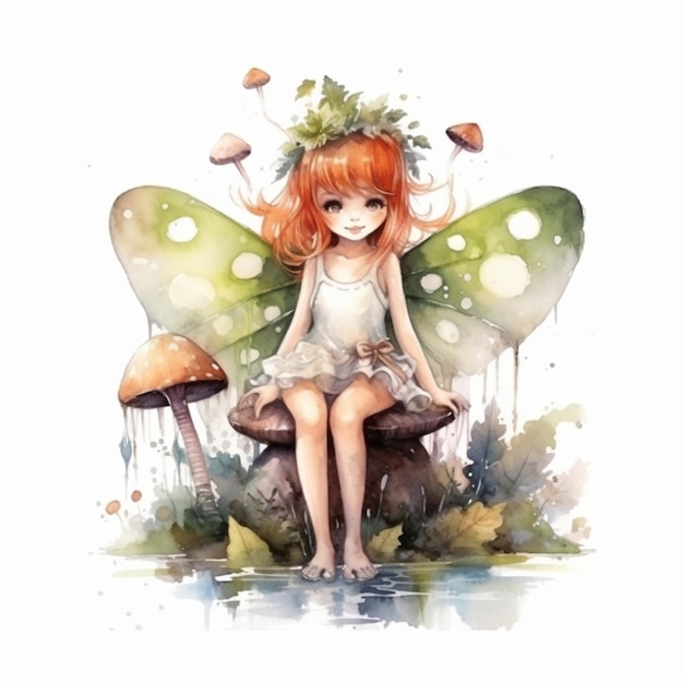 un gros plan d'une fille assise sur un champignon avec une fleur dans les cheveux ai générative