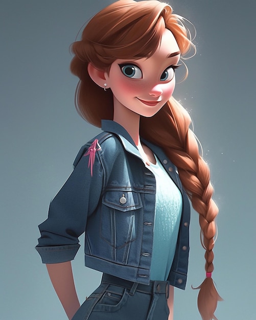 un gros plan d'une fille de dessin animé aux cheveux longs portant une veste en jean