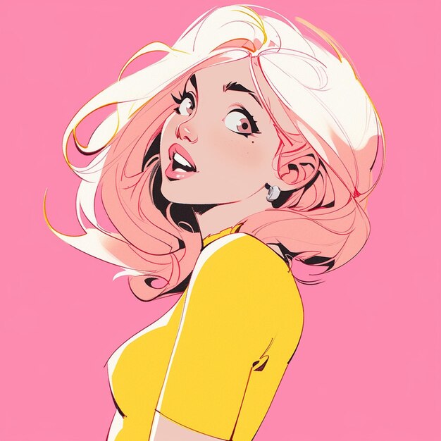 Photo un gros plan d'une fille de dessin animé avec des cheveux roses et un top jaune génératif ai