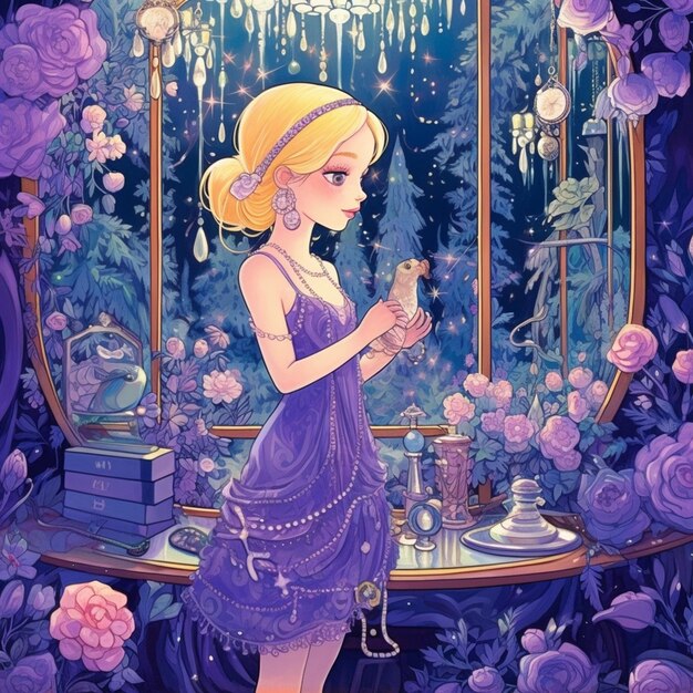 un gros plan d'une fille de dessin animé vêtue d'une robe violette debout devant un miroir ai génératif