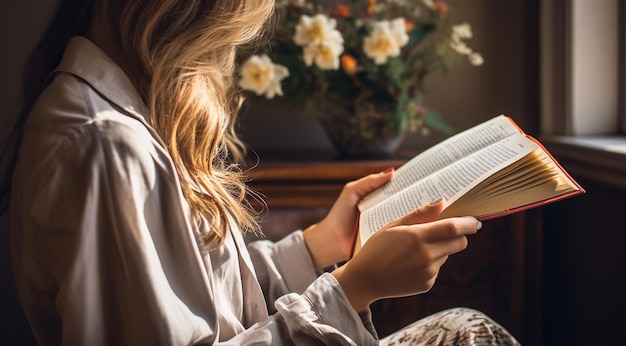 gros plan d'une fille qui lit un livre une fille avec un livre une jolie jeune femme qui apprend avec un livre