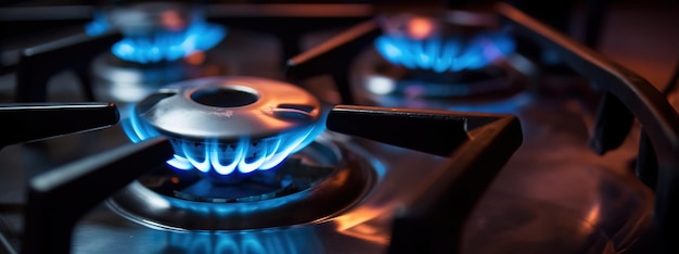 Gros plan d'une flamme bleue sur un espace de copie d'une cuisinière à gaz Créé à l'aide de la technologie générative d'IA