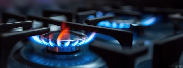 Gros plan d'une flamme bleue sur un espace de copie d'une cuisinière à gaz Créé à l'aide de la technologie générative d'IA