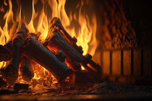 un gros plan des flammes du feu de la cheminée