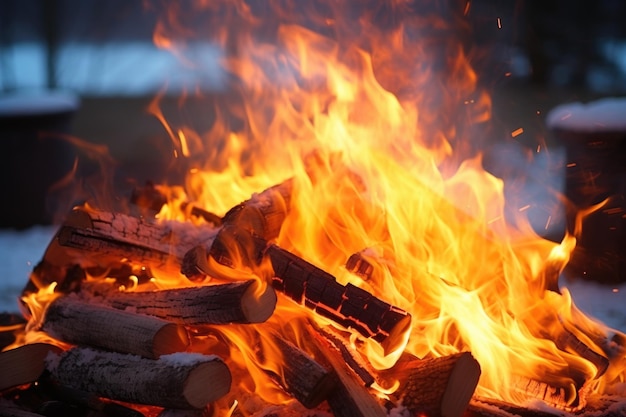 Gros plan de flammes de feu de joie sautant dans l'air froid