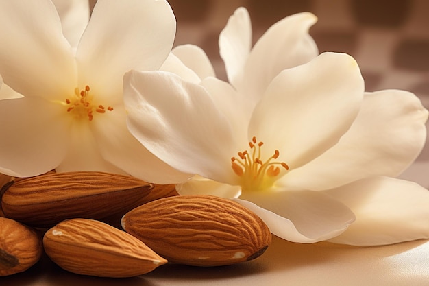 un gros plan d'une fleur avec des amandes dessus