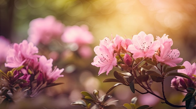 Un gros plan d'une fleur d'azalée rose avec le soleil qui brille dessus