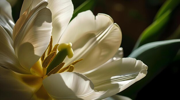 un gros plan d'une fleur blanche avec des feuilles vertes