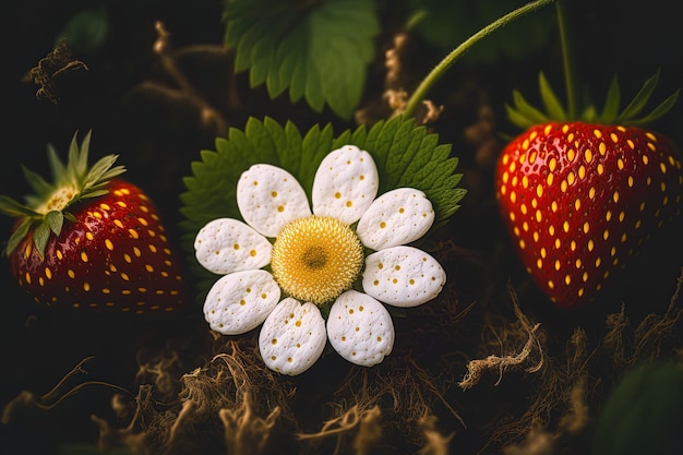 Gros plan d'une fleur blanche avec des fraises rouges dans un champ de fraises Toile de jardinage d'été