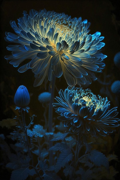 Gros plan de fleur bleue avec fond noir ai générative