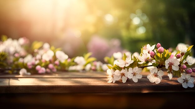 Un gros plan d'une fleur de cerisier sur une table en bois avec un arrière-plan flou