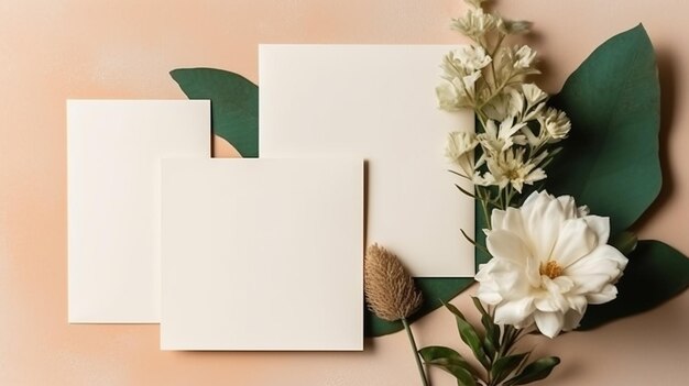 Un gros plan d'une fleur et deux cartes blanches sur une table générative ai