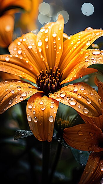 un gros plan d'une fleur avec des gouttes d'eau dessus