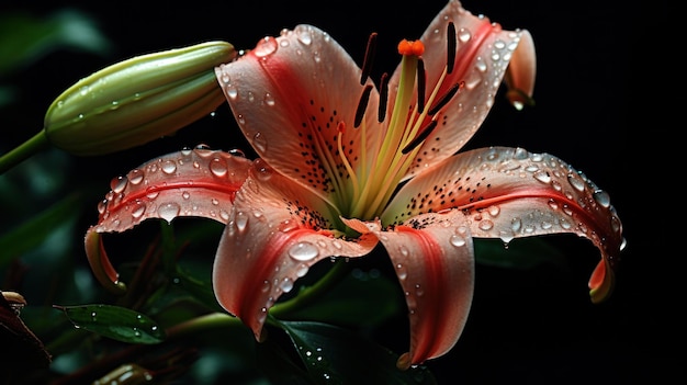 Un gros plan d'une fleur avec des gouttes d'eau dessus