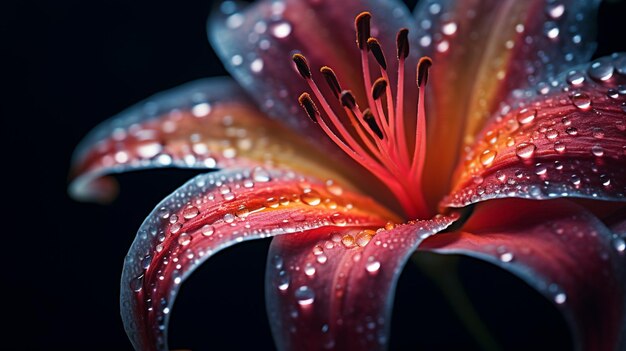 un gros plan d'une fleur avec des gouttes d'eau dessus