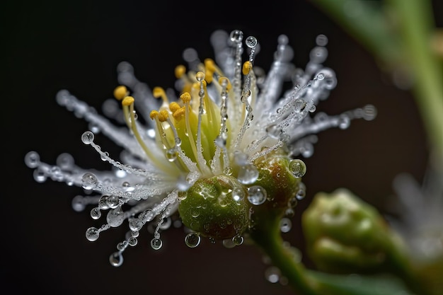 Gros plan d'une fleur en herbe avec une goutte de rosée sur ses pétales créée avec une IA générative