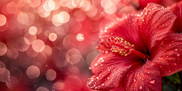 Un gros plan d'une fleur d'hibiscus rouge vif avec des gouttelettes d'eau contre une douce brume bokeh créant une ambiance sereine