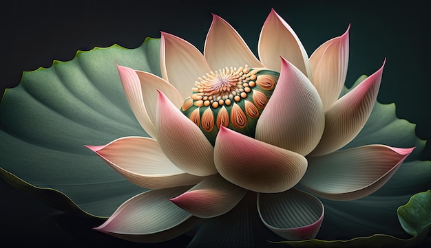 Un gros plan d'une fleur de lotus avec une feuille verte sur le fond.