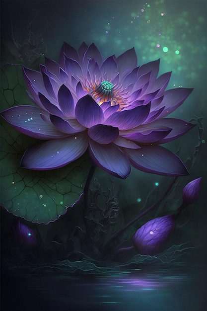 Gros plan d'une fleur de lotus violette sur l'étang avec une goutte d'eau Créé avec la technologie Generative AI