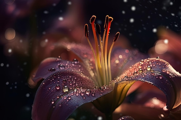 Gros plan avec une fleur de lys avec des gouttes d'eau et un arrière-plan coloré flou
