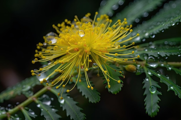 Gros plan de fleur de mimosa avec goutte de rosée sur le pétale