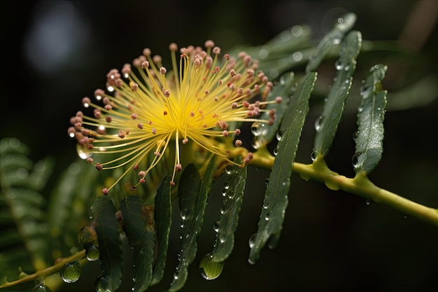 Gros plan de fleur de mimosa avec goutte de rosée sur le pétale