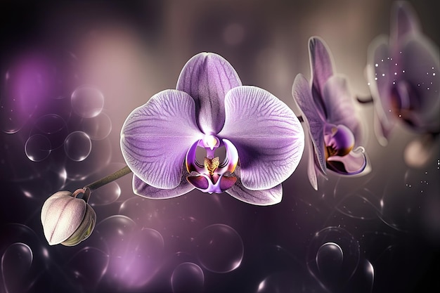Gros plan avec une fleur d'orchidée dans un monde imaginaire
