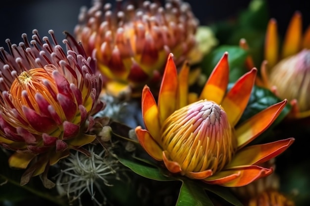 Un gros plan d'une fleur avec les pétales rouges et jaunes d'une fleur.