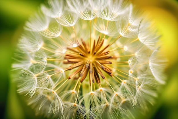 Gros plan d'une fleur de pissenlit avec graines et arrière-plan flou AI générative