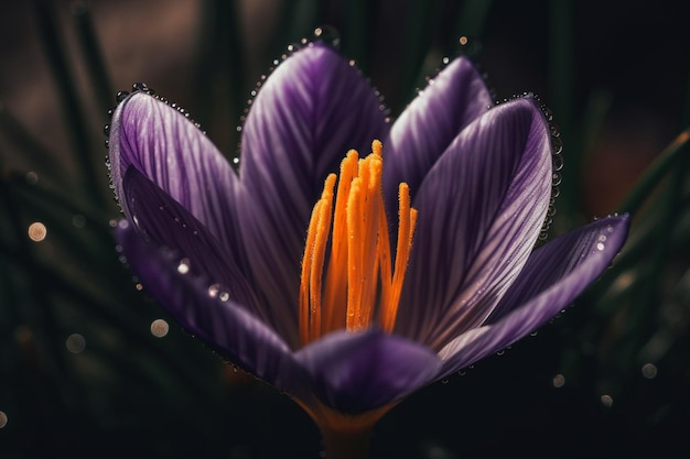 Un gros plan d'une fleur de safran violet avec des gouttelettes d'eau sur les pétales.