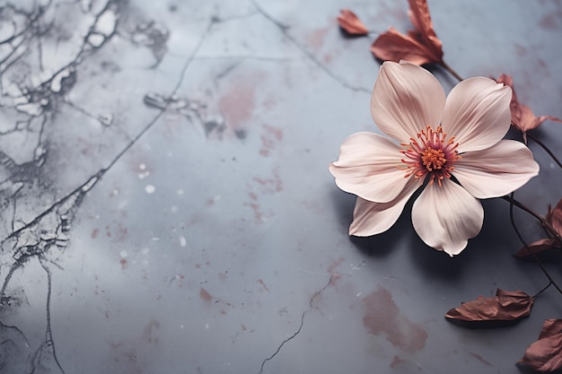 gros plan d'une fleur tombée sur un beau sol en pierre à fond texturé avec un espace de copie