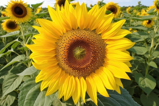 Gros plan de fleur de tournesol avec ses pétales dorés et son centre noir créé avec une IA générative