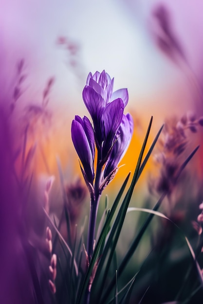 un gros plan d'une fleur violette avec un fond flou