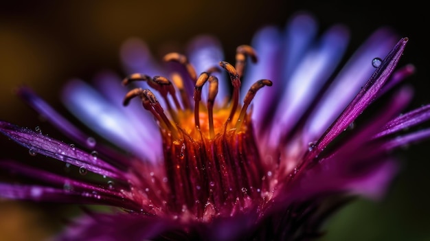 Un gros plan d'une fleur violette avec le mot fleur dessus