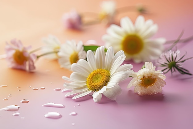 Gros plan avec des fleurs blanches et des gouttes d'eau sur la table dans un éclairage tamisé