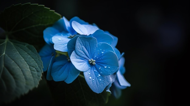 Un gros plan de fleurs bleues avec des gouttes d'eau sur eux