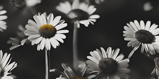 Gros plan de fleurs de camomille en noir et blanc