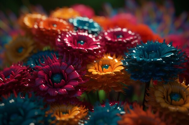 Un gros plan de fleurs colorées avec un centre bleu.