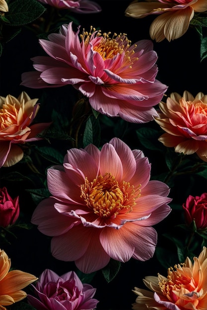 Gros plan de fleurs de dahlia colorées isolées sur fond noir